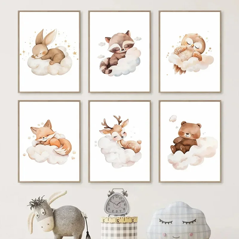 Baby Nursery Frames - Lukisan Kanvas Hewan Awan Kartun Seni
